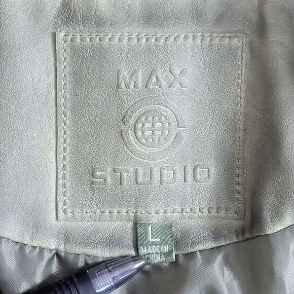 Max Studio Jacket Womens Large Sage Olive Green Vegan Faux Leather Moto Crop - Picture 11 of 13